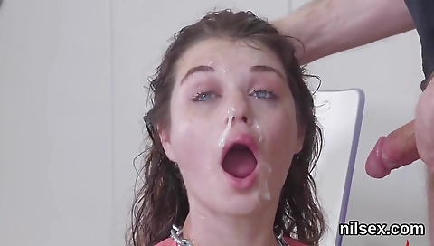 Sexy blonde milf gets fucked in the bathroom by a dildo tricky and hungrily